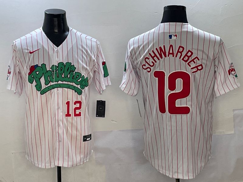 Men Philadelphia Phillies #12 Schwarber White Stripe Fourth generation Joint Name Nike 2025 MLB Jersey style 4